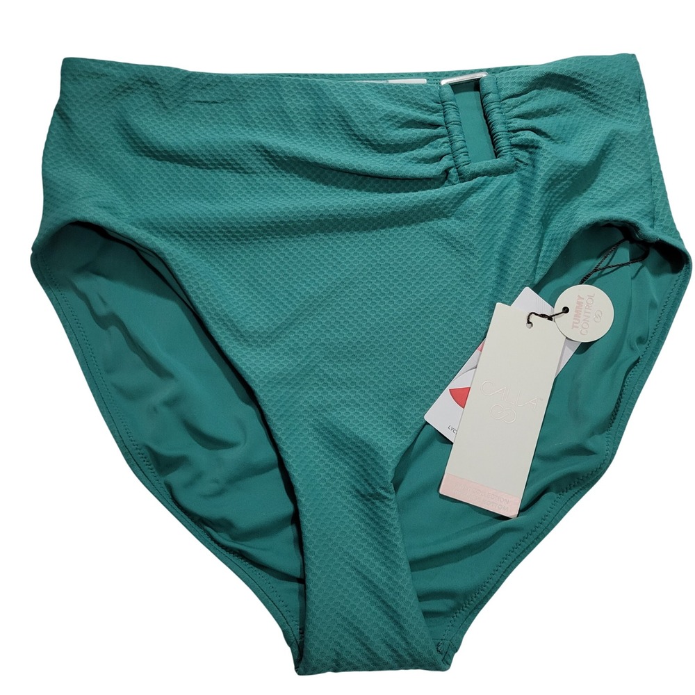 Calia Swim Bikini Bottom Women Medium High Rise Tummy Control Asymmetrical Green